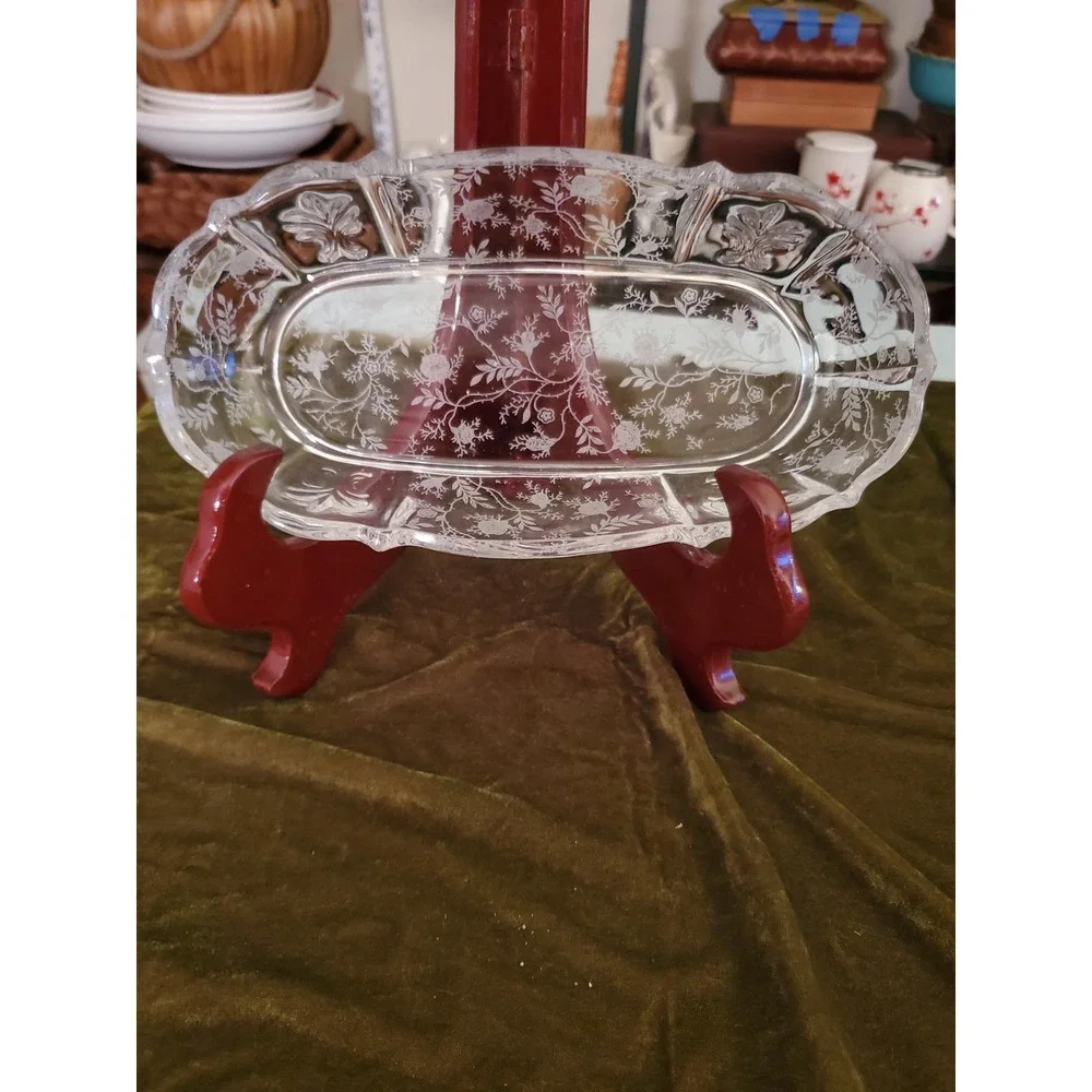 Etched Floral Glass Oval Dish‎ Candy Trinket Dresser Vanity Plate Vintage